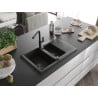 Mexen Gaspar Granitspüle 1,5-Becken mit Abtropffläche und Küchenarmatur Flora, schwarz/gold - 6507-75-670401-70-B