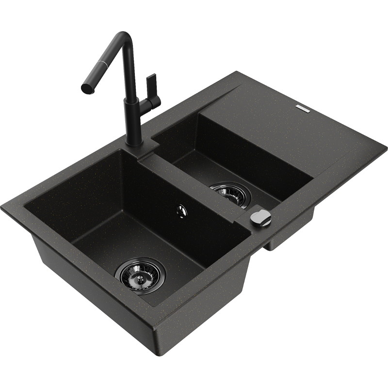 Mexen Gaspar Granitspüle 1,5-Kammer mit Abtropffläche und Küchenarmatur Flora, schwarz/gold - 6507-75-670401-70-B