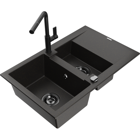 Mexen Gaspar Granitspüle 1,5-Becken mit Abtropffläche und Küchenarmatur Flora, schwarz/gold - 6507-75-670401-70-B
