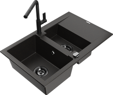 Mexen Gaspar Granitspüle 1,5-Becken mit Abtropffläche und Küchenarmatur Flora, schwarz/gold - 6507-75-670401-70-B