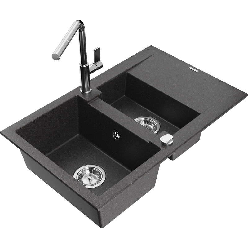 Mexen Gaspar Granitspüle, 1,5 Becken mit Abtropffläche und Küchenarmatur Flora, schwarz gesprenkelt - 6507-76-670401-00