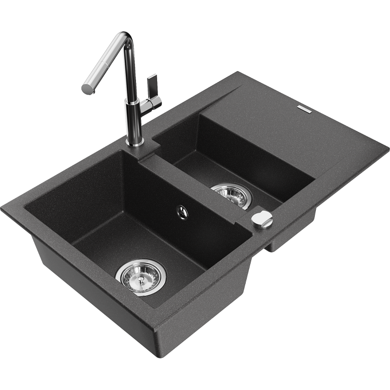 Mexen Gaspar Granitspüle 1,5-fach mit Abtropffläche und Küchenarmatur Flora, schwarz gesprenkelt - 6507-76-670401-00