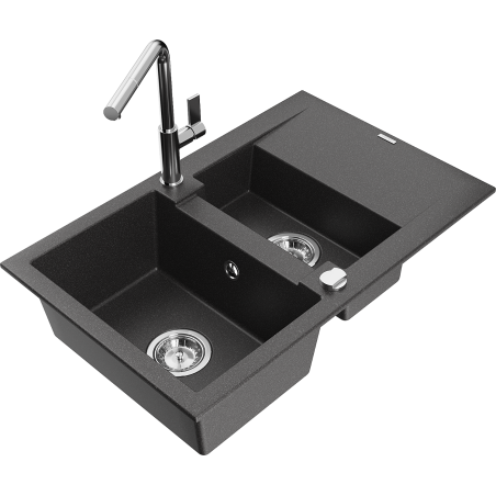 Mexen Gaspar granitspüle 1,5-becken mit abtropfblech und küchenarmatur Flora, schwarz gesprenkelt - 6507-76-670401-00