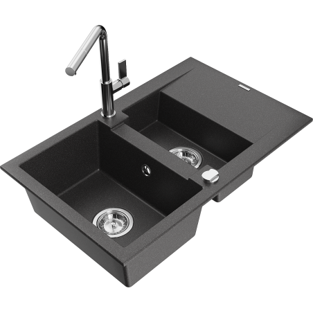 Mexen Gaspar Granitspüle 1,5-fach mit Abtropffläche und Küchenarmatur Flora, schwarz gesprenkelt - 6507-76-670401-00