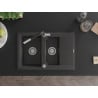 Mexen Gaspar Granitspüle 1,5-Becken mit Abtropffläche und Küchenarmatur Flora, schwarz gesprenkelt - 6507-76-670401-07