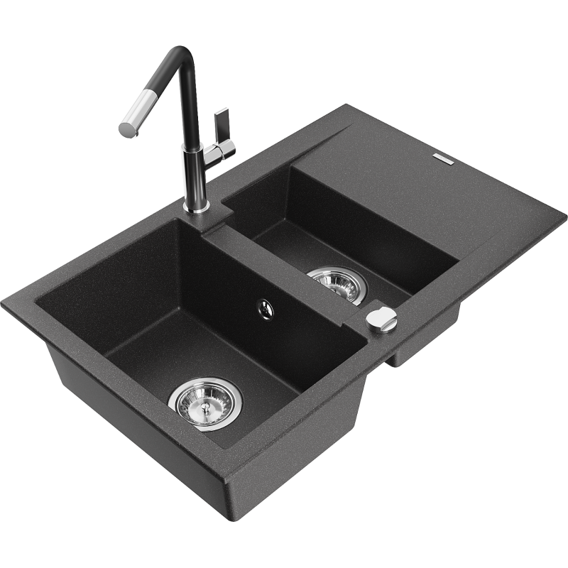 Mexen Gaspar Granitspüle 1,5-Becken mit Abtropffläche und Küchenarmatur Flora, schwarz gesprenkelt - 6507-76-670401-07
