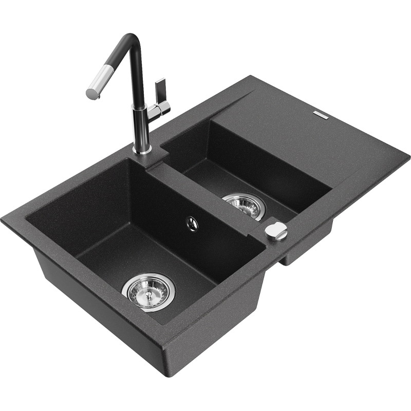 Mexen Gaspar granitspüle 1,5-schüssig mit abtropffläche und küchenarmatur Flora, schwarz gesprenkelt - 6507-76-670401-07