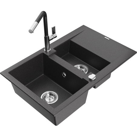Mexen Gaspar Granitspüle 1,5-Becken mit Abtropffläche und Küchenarmatur Flora, schwarz gesprenkelt - 6507-76-670401-07