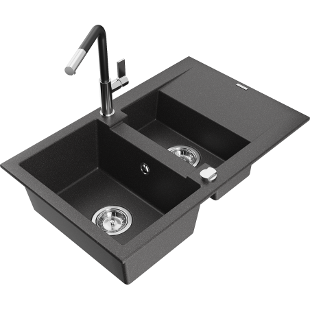 Mexen Gaspar granitspüle 1,5-schüssig mit abtropffläche und küchenarmatur Flora, schwarz gesprenkelt - 6507-76-670401-07
