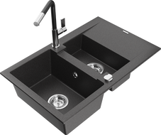 Mexen Gaspar Granitspüle 1,5-Becken mit Abtropffläche und Küchenarmatur Flora, schwarz gesprenkelt - 6507-76-670401-07