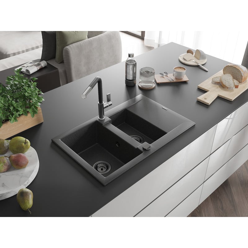 Mexen Gaspar Granitspüle 1,5-Becken mit Abtropffläche und Küchenarmatur Flora, schwarz gesprenkelt - 6507-76-670401-07-B