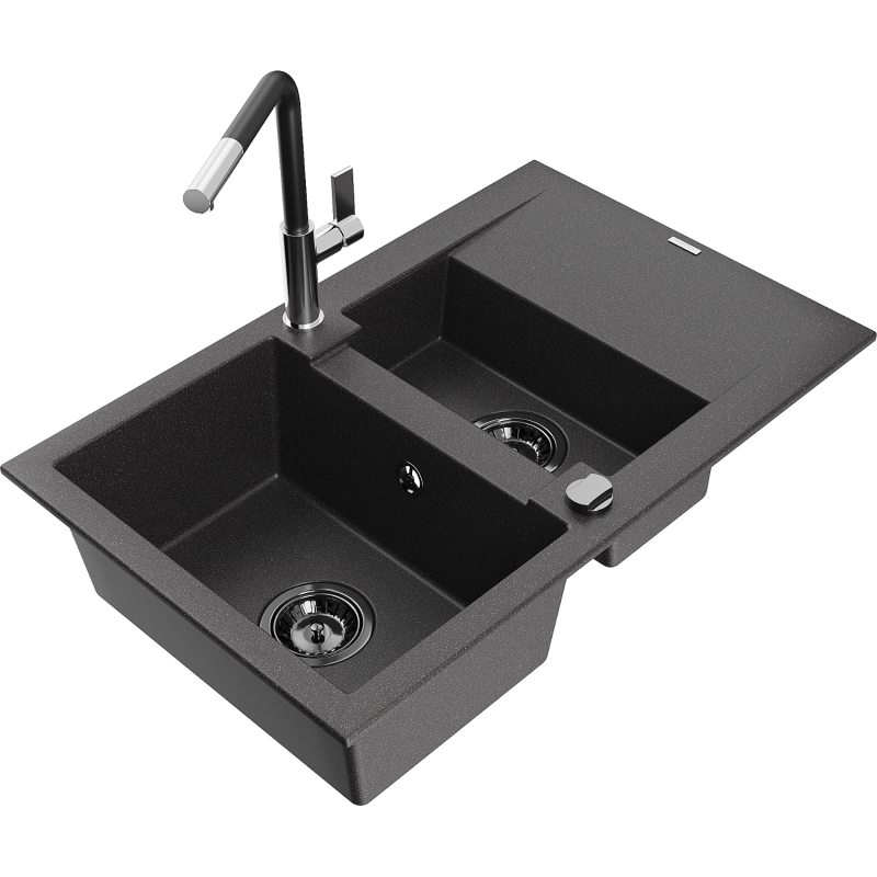 Mexen Gaspar Granitspüle 1,5-Becken mit Abtropffläche und Küchenarmatur Flora, schwarz gesprenkelt - 6507-76-670401-07-B
