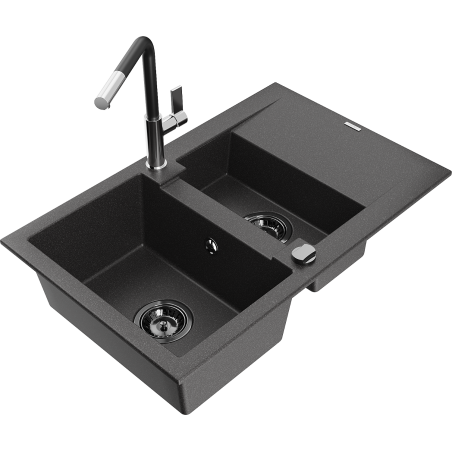Mexen Gaspar Granitspüle 1,5-Becken mit Abtropffläche und Küchenarmatur Flora, schwarz gesprenkelt - 6507-76-670401-07-B