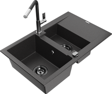 Mexen Gaspar Granitspüle 1,5-Becken mit Abtropffläche und Küchenarmatur Flora, schwarz gesprenkelt - 6507-76-670401-07-B
