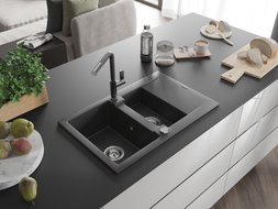 Mexen Gaspar Granitspüle 1,5-Kammer mit Abtropffläche und Küchenarmatur Flora, schwarz gesprenkelt - 6507-76-670401-08