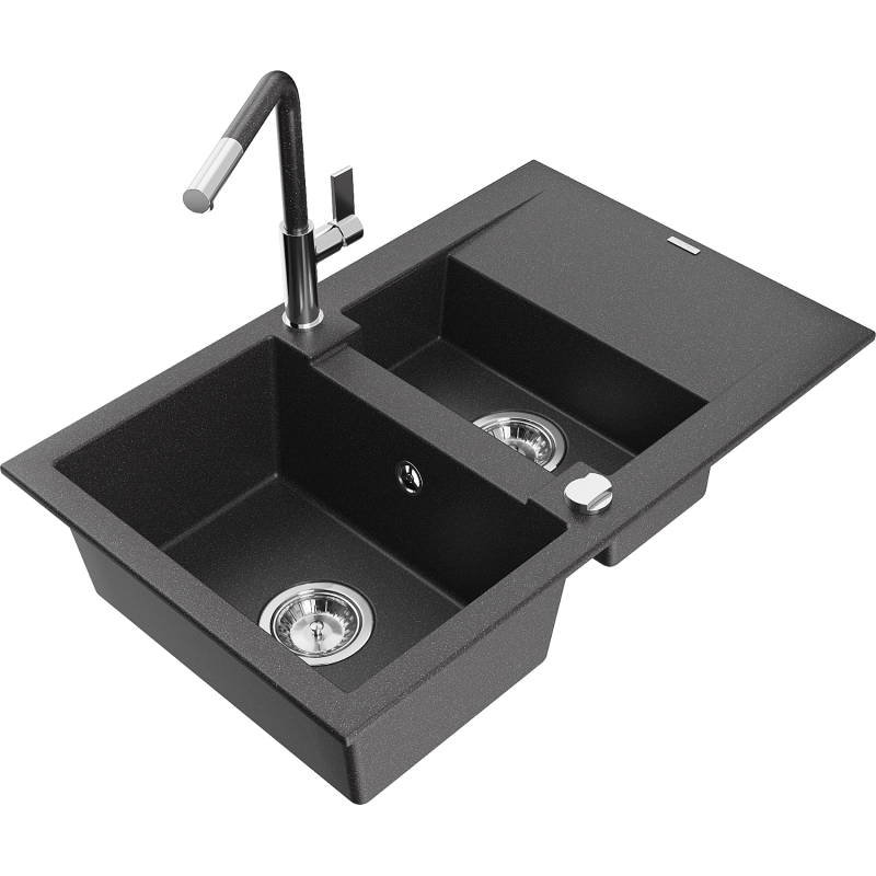 Mexen Gaspar Granitspüle 1,5-Kammer mit Abtropffläche und Küchenarmatur Flora, schwarz gesprenkelt - 6507-76-670401-08