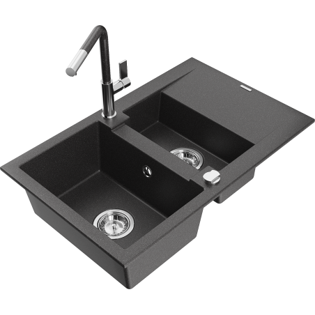 Mexen Gaspar Granitspüle 1,5-Kammer mit Abtropffläche und Küchenarmatur Flora, schwarz gesprenkelt - 6507-76-670401-08