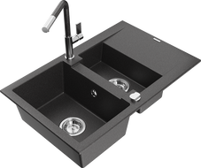 Mexen Gaspar Granitspüle 1,5-Kammer mit Abtropffläche und Küchenarmatur Flora, schwarz gesprenkelt - 6507-76-670401-08