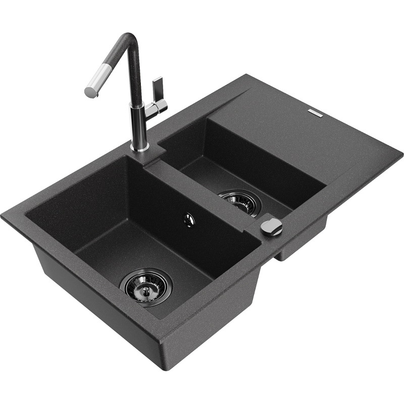 Mexen Gaspar Granitspüle 1,5-Becken mit Abtropffläche und Küchenarmatur Flora, schwarz gesprenkelt - 6507-76-670401-08-B