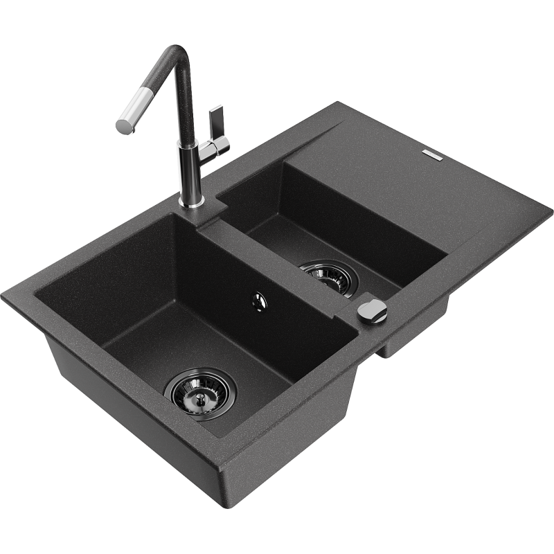 Mexen Gaspar Granitspüle mit 1,5 Becken und Abtropffläche sowie Küchenarmatur Flora, schwarz gesprenkelt - 6507-76-670401-08-B