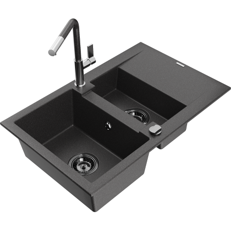 Mexen Gaspar Granitspüle mit 1,5 Becken und Abtropffläche sowie Küchenarmatur Flora, schwarz gesprenkelt - 6507-76-670401-08-B