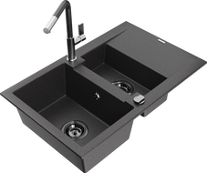 Mexen Gaspar Granitspüle mit 1,5 Becken und Abtropffläche sowie Küchenarmatur Flora, schwarz gesprenkelt - 6507-76-670401-08-B