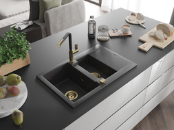 Mexen Gaspar Granitspüle 1,5-Kammer mit Abtropffläche und Küchenarmatur Flora, schwarz gesprenkelt - 6507-76-670401-57-G