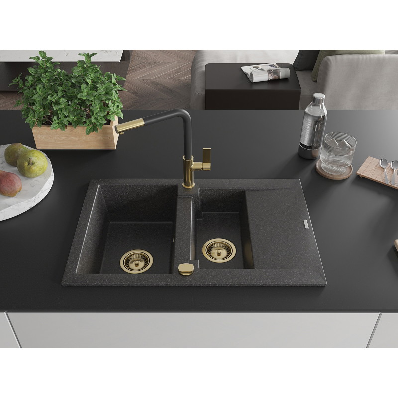 Mexen Gaspar Granitspüle 1,5-becken mit Abtropffläche und Küchenarmatur Flora, schwarz gesprenkelt - 6507-76-670401-57-G