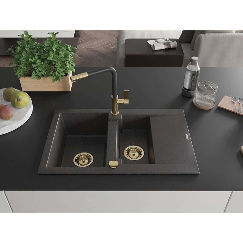 Mexen Gaspar Granitspüle 1,5-Kammer mit Abtropffläche und Küchenarmatur Flora, schwarz gesprenkelt - 6507-76-670401-57-G
