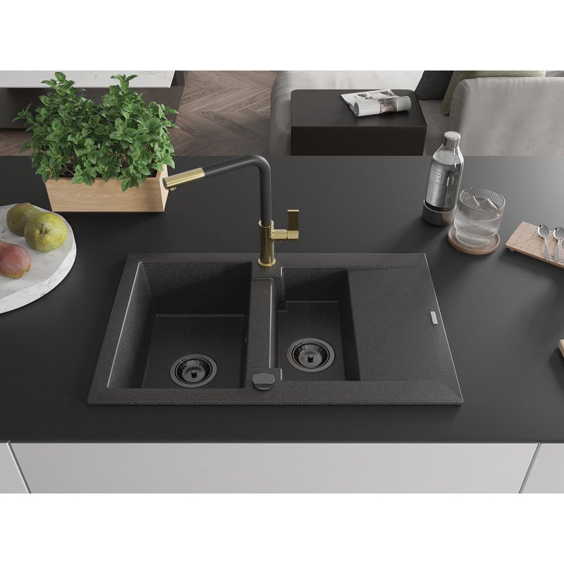 Mexen Gaspar Granitspüle 1,5-Becken mit Abtropffläche und Küchenarmatur Flora, schwarz gesprenkelt - 6507-76-670401-57-B