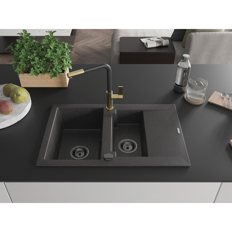 Mexen Gaspar Granitspüle 1,5-Schüssel mit Abtropffläche und Küchenarmatur Flora, schwarz gesprenkelt - 6507-76-670401-57-B