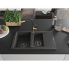 Mexen Gaspar Granitspüle 1,5-Becken mit Abtropffläche und Küchenarmatur Flora, schwarz gesprenkelt - 6507-76-670401-57-B