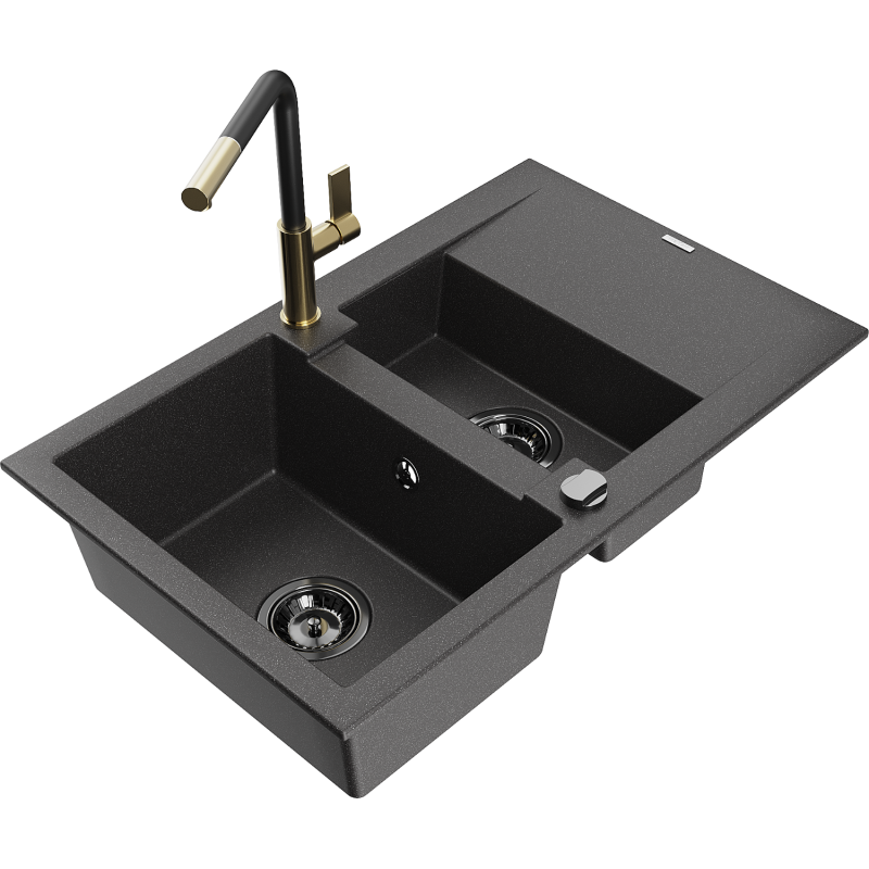 Mexen Gaspar Granitspüle 1,5-Becken mit Abtropffläche und Küchenarmatur Flora, schwarz gesprenkelt - 6507-76-670401-57-B