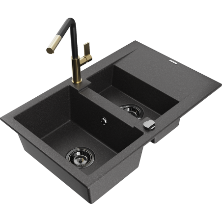 Mexen Gaspar Granitspüle 1,5-Becken mit Abtropffläche und Küchenarmatur Flora, schwarz gesprenkelt - 6507-76-670401-57-B