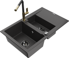 Mexen Gaspar Granitspüle 1,5-Becken mit Abtropffläche und Küchenarmatur Flora, schwarz gesprenkelt - 6507-76-670401-57-B