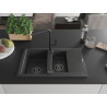 Mexen Gaspar Granitspüle 1,5-Becken mit Abtropffläche und Küchenarmatur Flora, schwarz gesprenkelt - 6507-76-670401-70-B