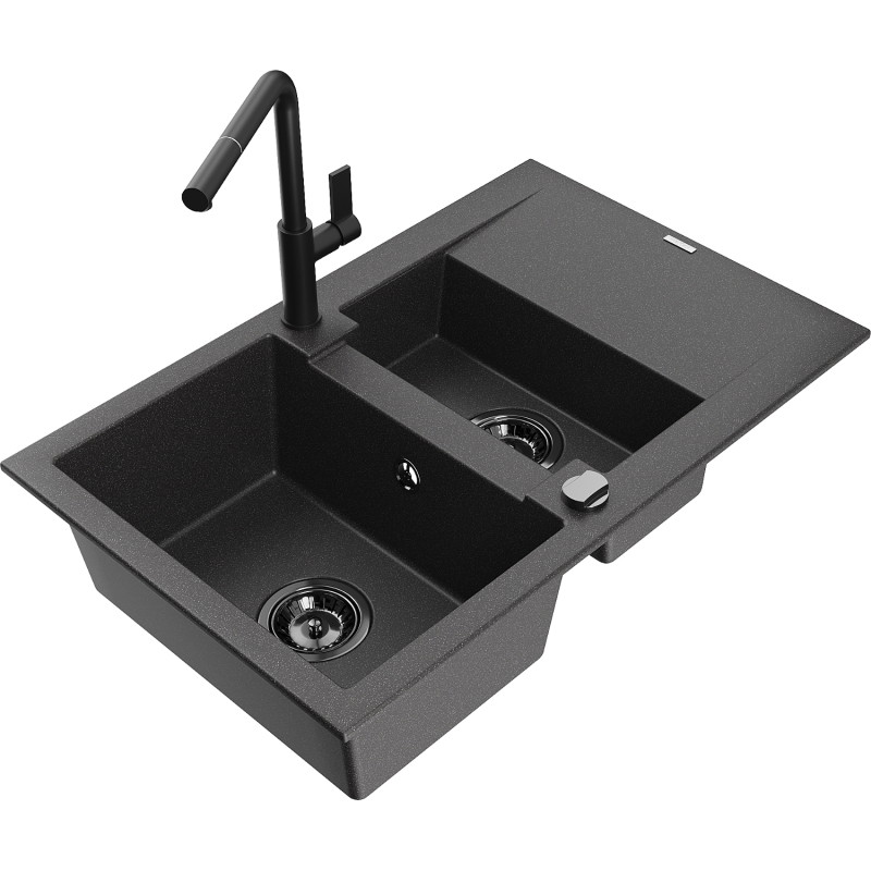 Mexen Gaspar Granitspüle 1,5-Becken mit Abtropffläche und Küchenarmatur Flora, schwarz gesprenkelt - 6507-76-670401-70-B
