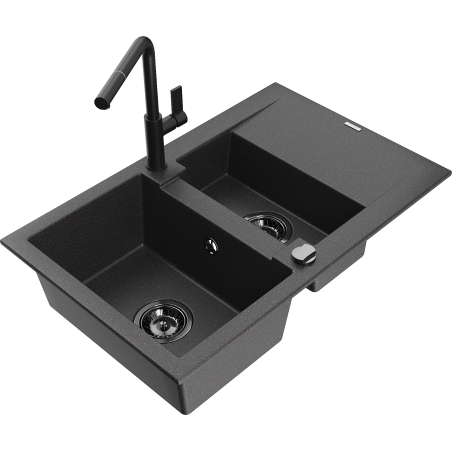Mexen Gaspar Granitspüle 1,5-Becken mit Abtropffläche und Küchenarmatur Flora, schwarz gesprenkelt - 6507-76-670401-70-B