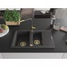Mexen Gaspar Granitspüle 1,5-Becken mit Abtropffläche und Küchenarmatur Flora, schwarz gesprenkelt - 6507-76-670401-75-G