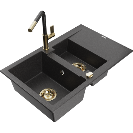 Mexen Gaspar 1,5-Kammer Granitspüle mit Abtropffläche und Küchenarmatur Flora, schwarz gesprenkelt - 6507-76-670401-75-G