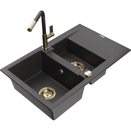 Mexen Gaspar Granitspüle 1,5-Becken mit Abtropffläche und Küchenarmatur Flora, schwarz gesprenkelt - 6507-76-670401-75-G
