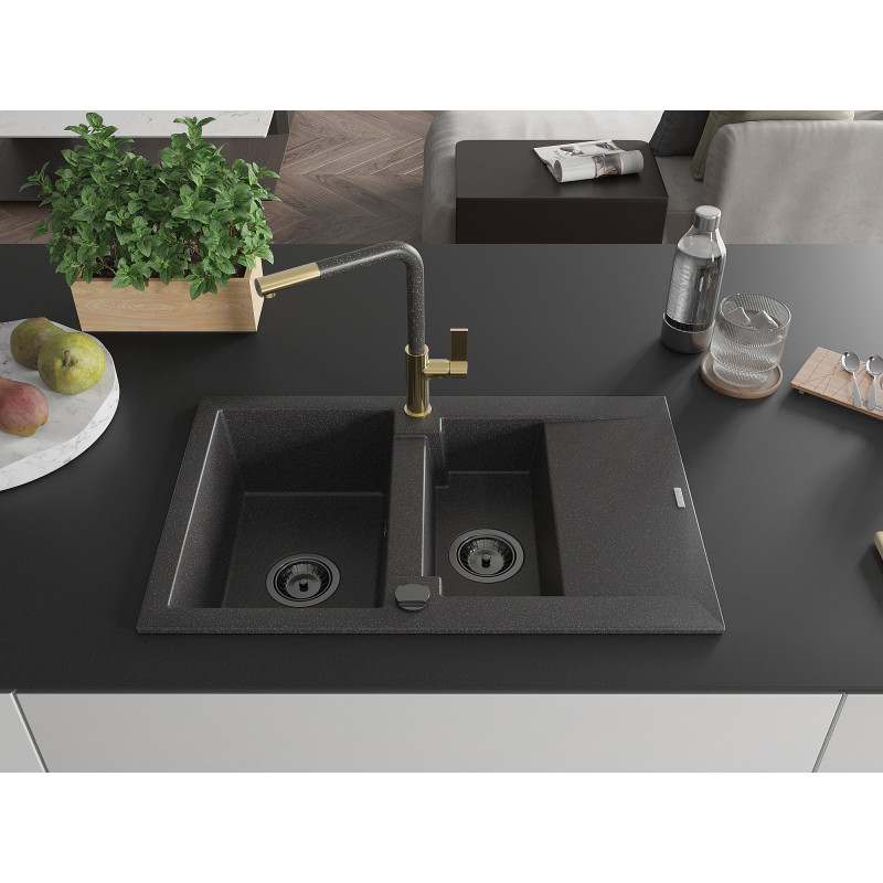Mexen Gaspar Granitspüle 1,5-Becken mit Abtropffläche und Küchenarmatur Flora, schwarz gesprenkelt - 6507-76-670401-75-B