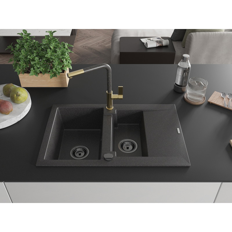 Mexen Gaspar granitspüle 1,5-fach mit abtropffläche und küchenarmatur Flora, schwarz gesprenkelt - 6507-76-670401-75-B