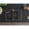 Mexen Gaspar Granitspüle 1,5-Becken mit Abtropffläche und Küchenarmatur Flora, schwarz gesprenkelt - 6507-76-670401-75-B