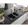 Mexen Gaspar Granitspüle 1,5-Kammern mit Abtropffläche und Küchenarmatur Flora, schwarz - 6507-77-670401-00