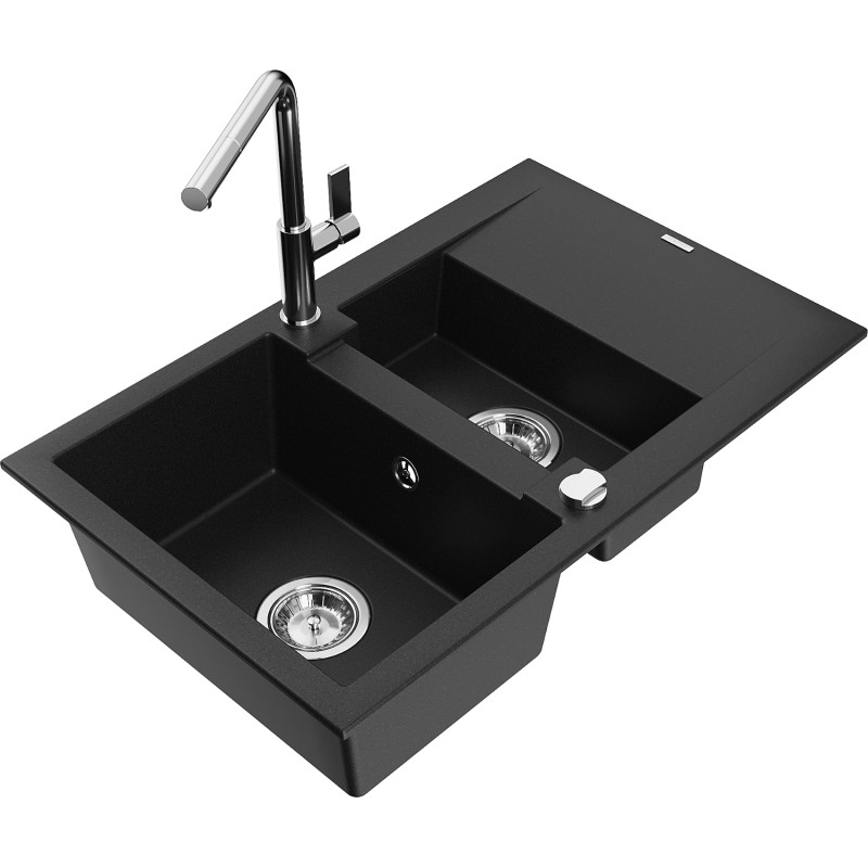 Mexen Gaspar Granitspüle 1,5-Becken mit Abtropffläche und Küchenarmatur Flora, schwarz - 6507-77-670401-00