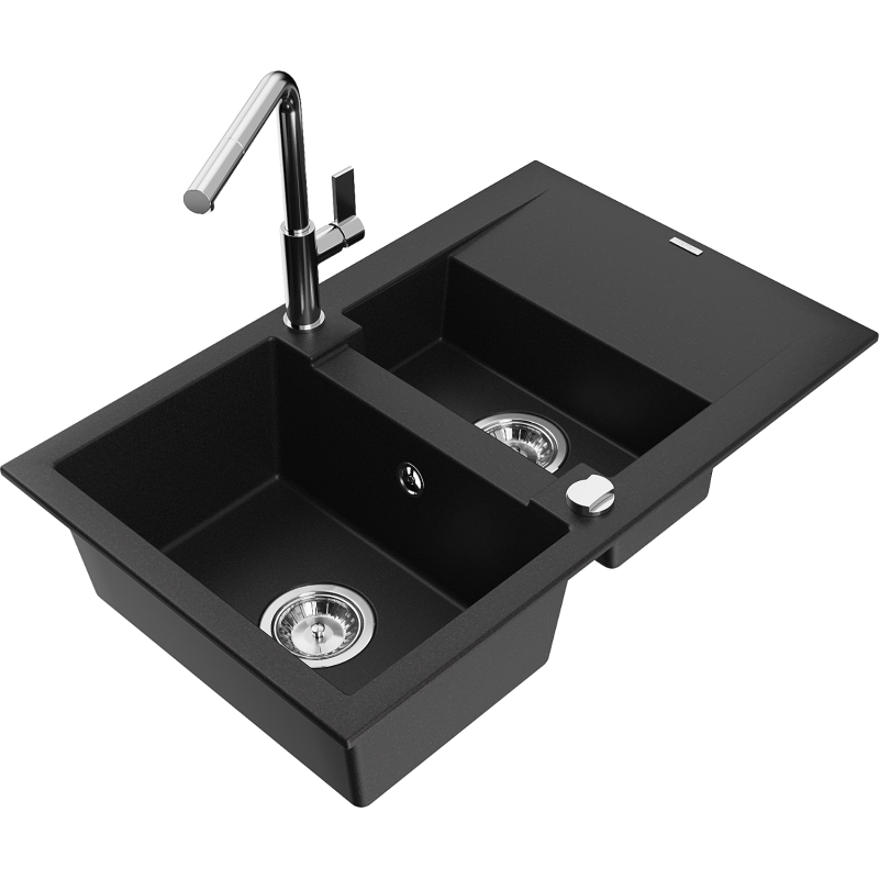 Mexen Gaspar Granitspüle 1,5-Kammern mit Abtropffläche und Küchenarmatur Flora, schwarz - 6507-77-670401-00