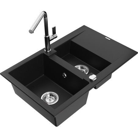 Mexen Gaspar Granitspüle 1,5-Becken mit Abtropffläche und Küchenarmatur Flora, schwarz - 6507-77-670401-00