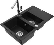 Mexen Gaspar Granitspüle 1,5-Kammern mit Abtropffläche und Küchenarmatur Flora, schwarz - 6507-77-670401-00
