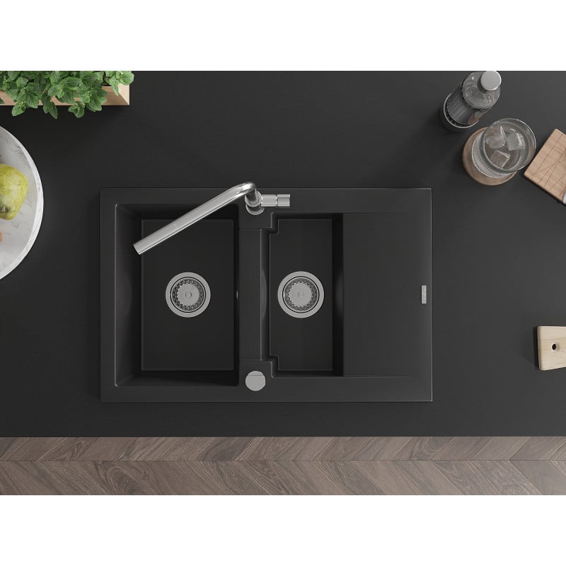 Mexen Gaspar Granitspüle 1,5-Kammern mit Abtropffläche und Küchenarmatur Flora, schwarz - 6507-77-670401-00